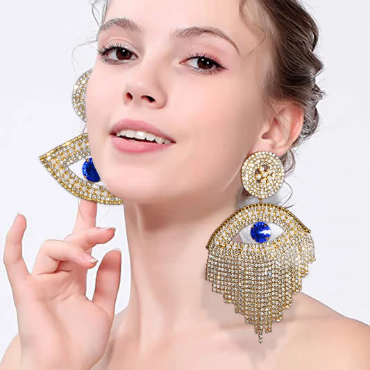 Blue Eye Earrings Jewelry Evil Eye Rhinestone Tassel Statement Stud Earrings