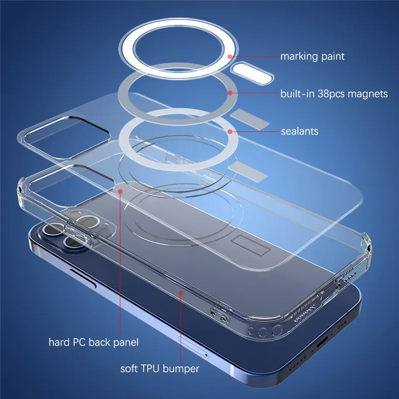 Ultra Clear Magnetic Circle Magsafing Case For iPhone 15 14 13 12 11 Pro Max XS XR Plus iPhone Magnetic Magsafe Cases Shockproof - Hiron Store