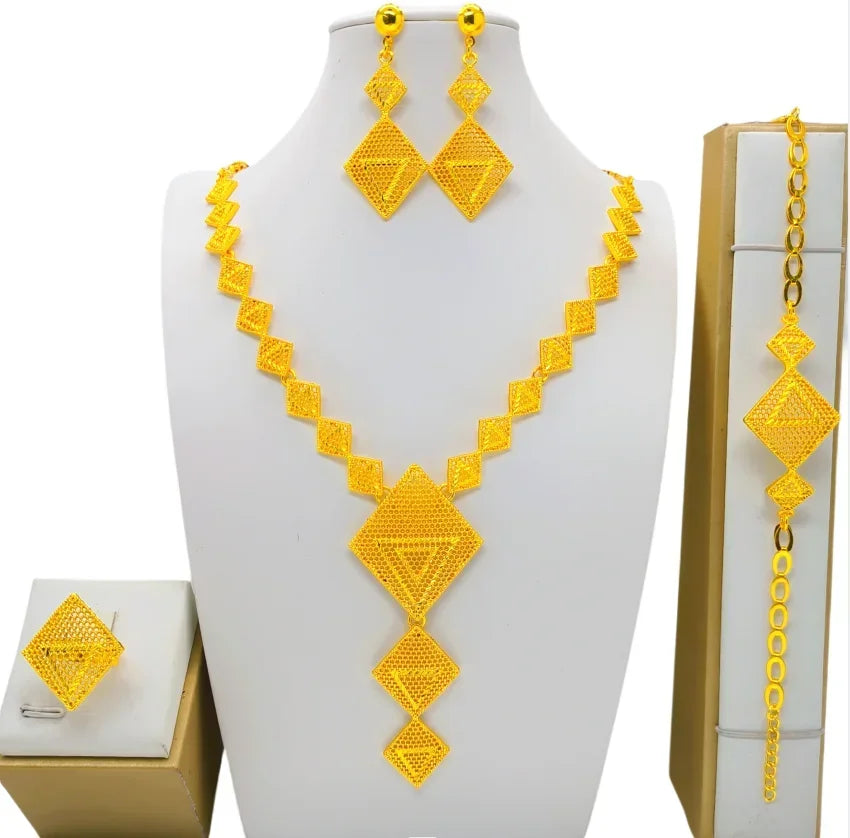 Fashion India Latest Design Jewelry Luxury African Jewelry Necklace Earrings Ring Bracelet Set Dubai Gold Color