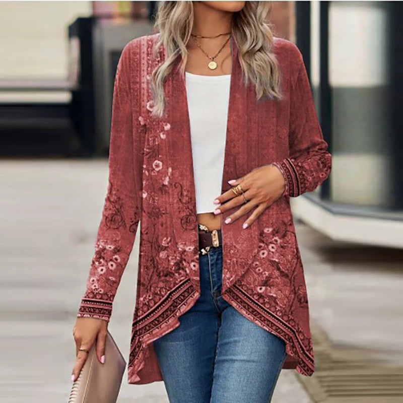 Women Jacket Turn Down Collar Solid Long Sleeve Print Cardigan Women Casual Coats