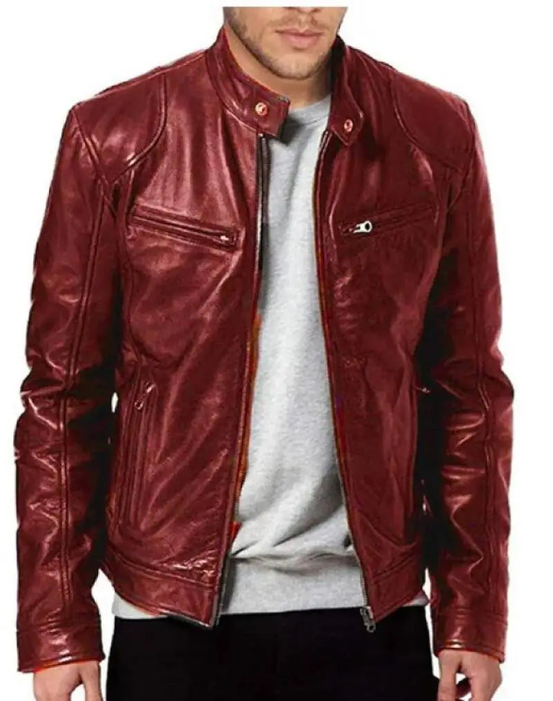 Men's Leather Jacket Slim Fit Stand Collar PU Jacket Male Anti-wind Motorcycle Zipper Jackets