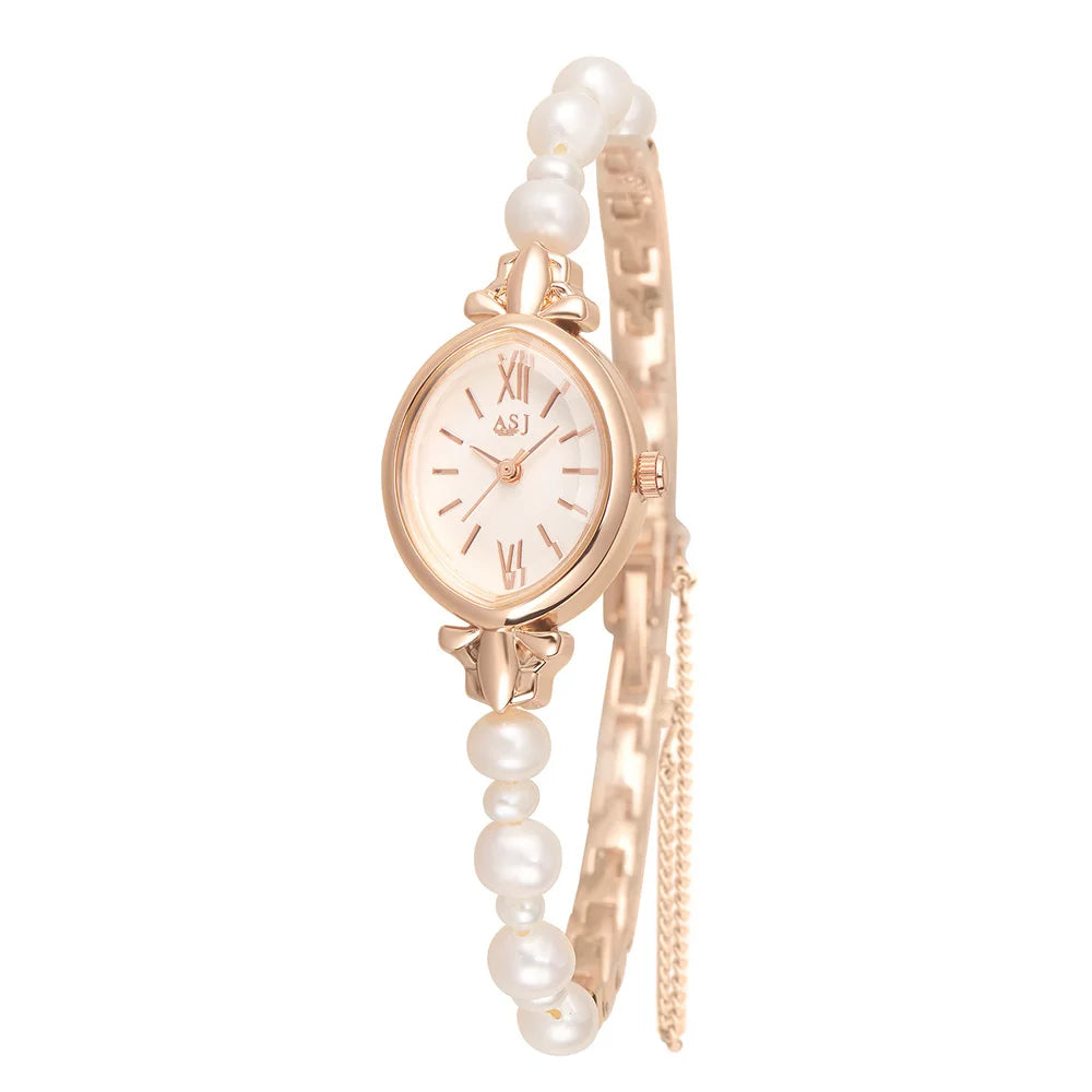 Casual Pointer Quartz Watch Elegant  Watch & 1pc Natural Freshwater Pearls Bracelet for Women Her