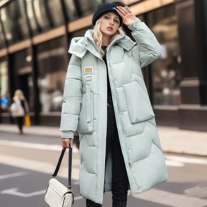 Winter Parka Woman Long Jacket Hooded Thicken Loose Zipper Pockets Warm Snow Padded Coat