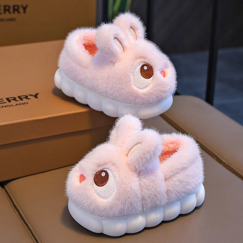 New Winter Cute Big eyed Rabbit Children's Cover Heel Warm Non-slip Fluffy Slippers