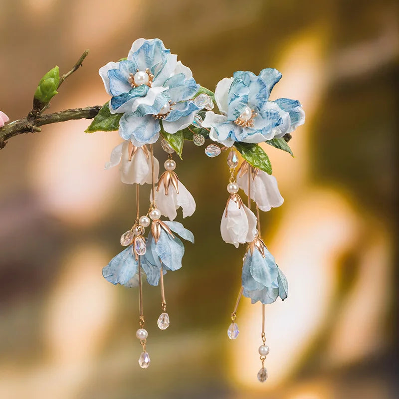 Blue Flower Hairpins Side Clips Retro Chinese Fashion Fringe Jewelry Long Tassel Pendant Headpiece for Women Girls Hanfu Dress - Hiron Store