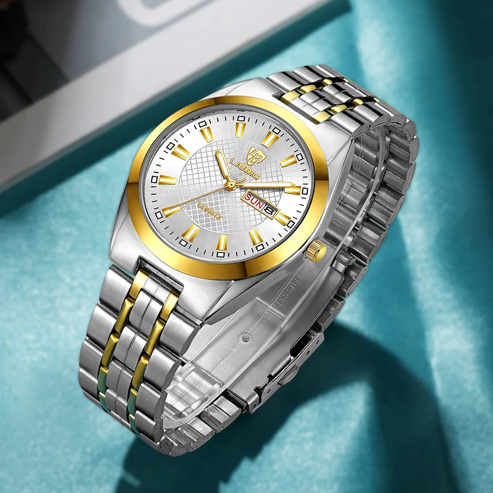 Men's and women Wristwatch Quartz Movement Stainless Steel Strap Time Date Casual Gold Watch