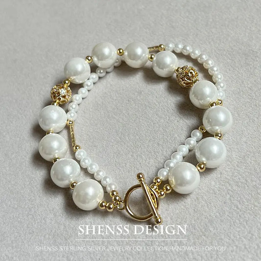 Double layer imitation pearl copper plated 14k gold-plated bracelet