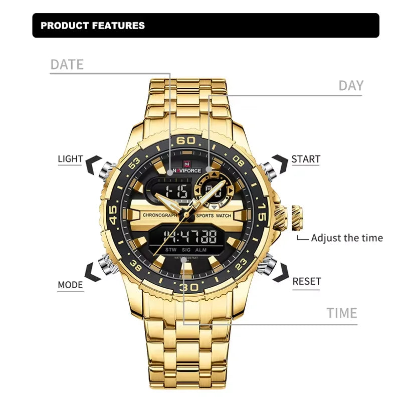 NAVIFORCE Brand Black Gold Men Watch Luxury Quartz Wrist Watches Sport Waterproof  Stainless Steel