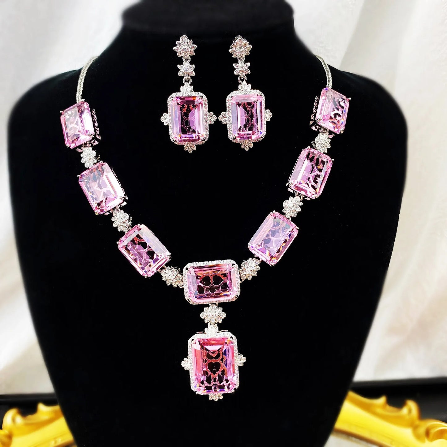 Silver Jewellery Sets Pink Cubic Zircon Ring Earrings Pendant Necklace Set