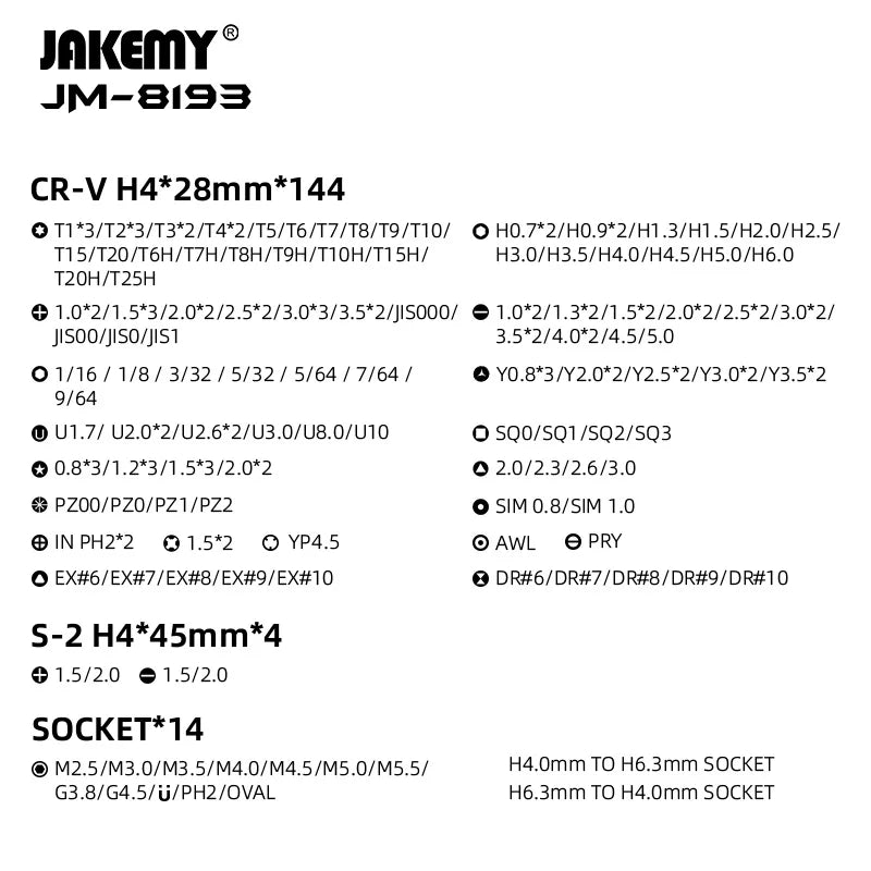 JAKEMY JM-8193 180-IN-1 Electric Screwdriver Set Rechargeable Magnetic Bits for Mobile Phone Glasses Electronic Repair Tools Kit