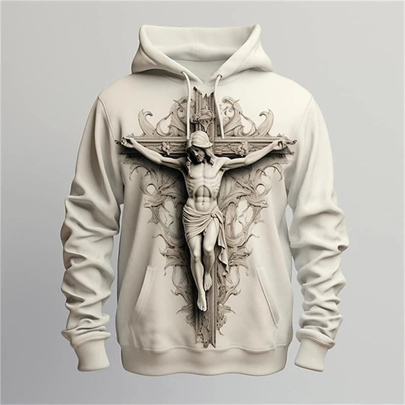 Newest Jesus Cross 3d Print Hooded, Spring Casual Long Sleeve, Oversized Street Clothing, Men Hoodies Sportwear Clothes