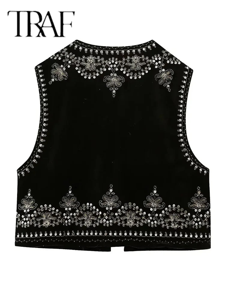 Embroidered Vest Sleeveless Jacket Women V Neck Chic Waistcoats Female Fashion Vests Coat