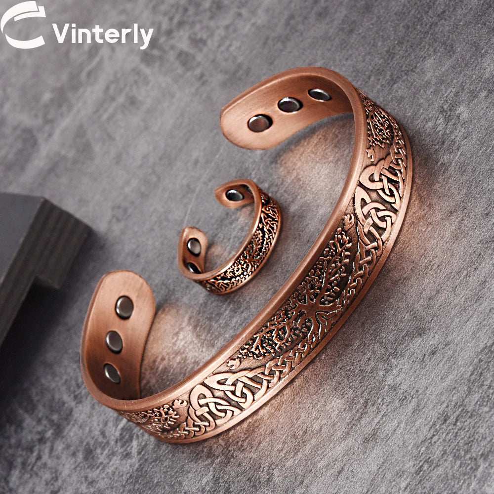 Magnetic Pure Copper Adjustable Bracelet Ring Resizable Jewellery Set for Women Men