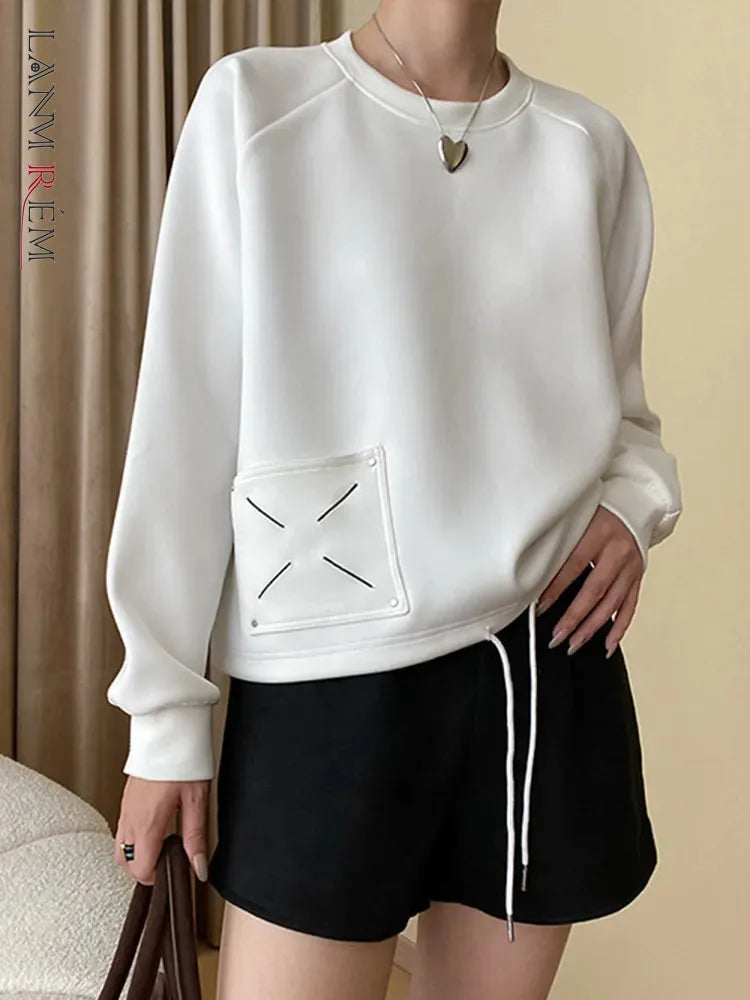 Embroidered Design Pullover Sweatshirt Women Solid Round Long Sleeve Casual Loose Tops