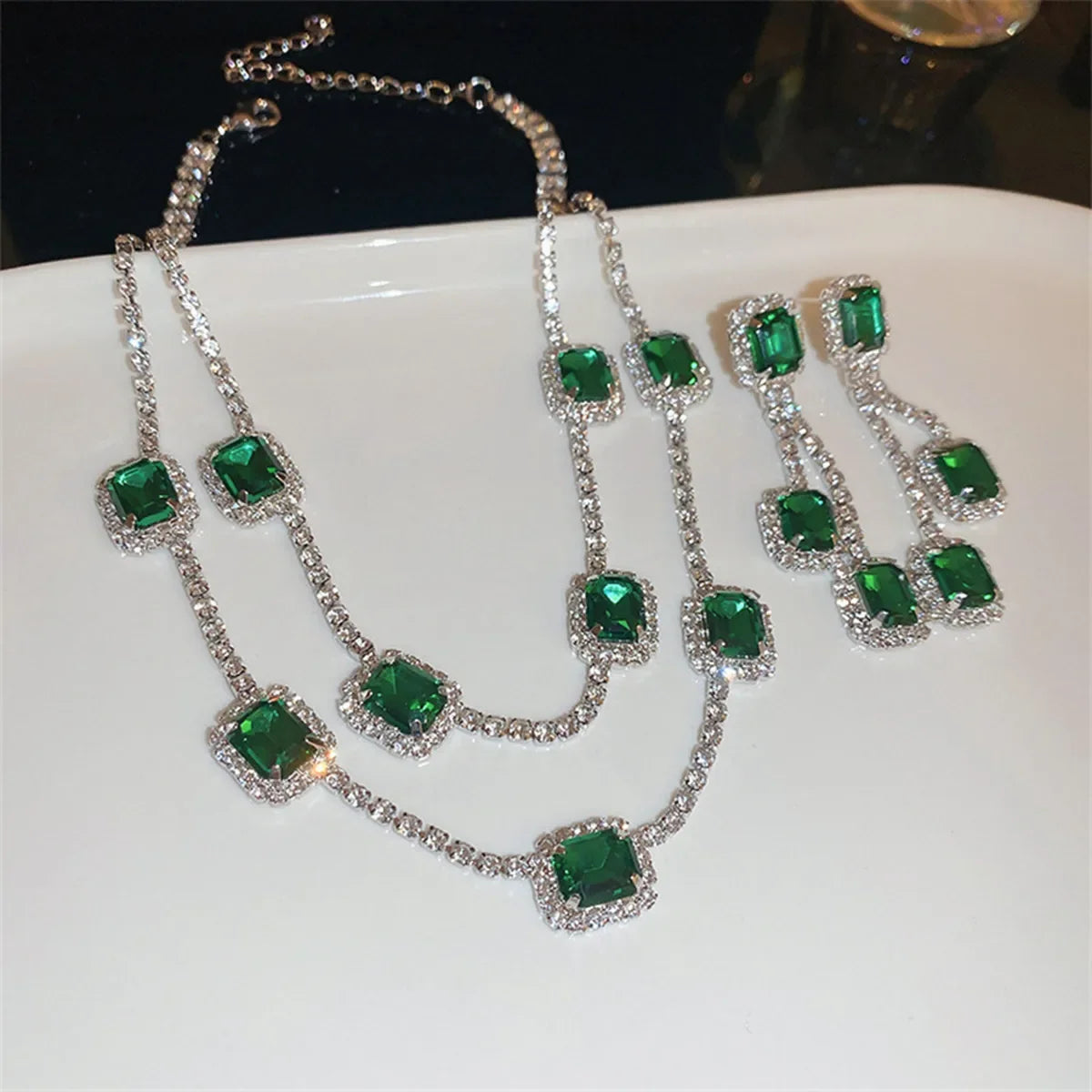 Luxury Necklace Earrings for Women Dark Blue Water Drop Crystal Earrings Wedding Bride Jewelry Sets - Hiron Store