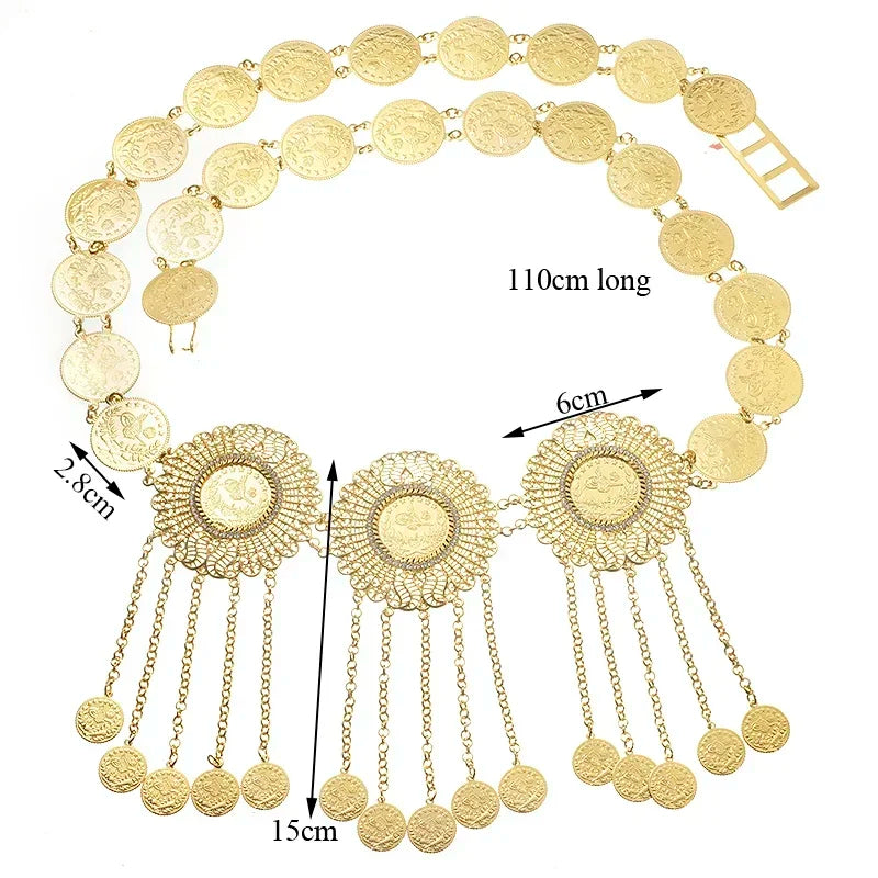 Women Body Chain Coin Tassel Waist Chains Middle East Bridal Jewellery Gold Plated Belt Free Shipping