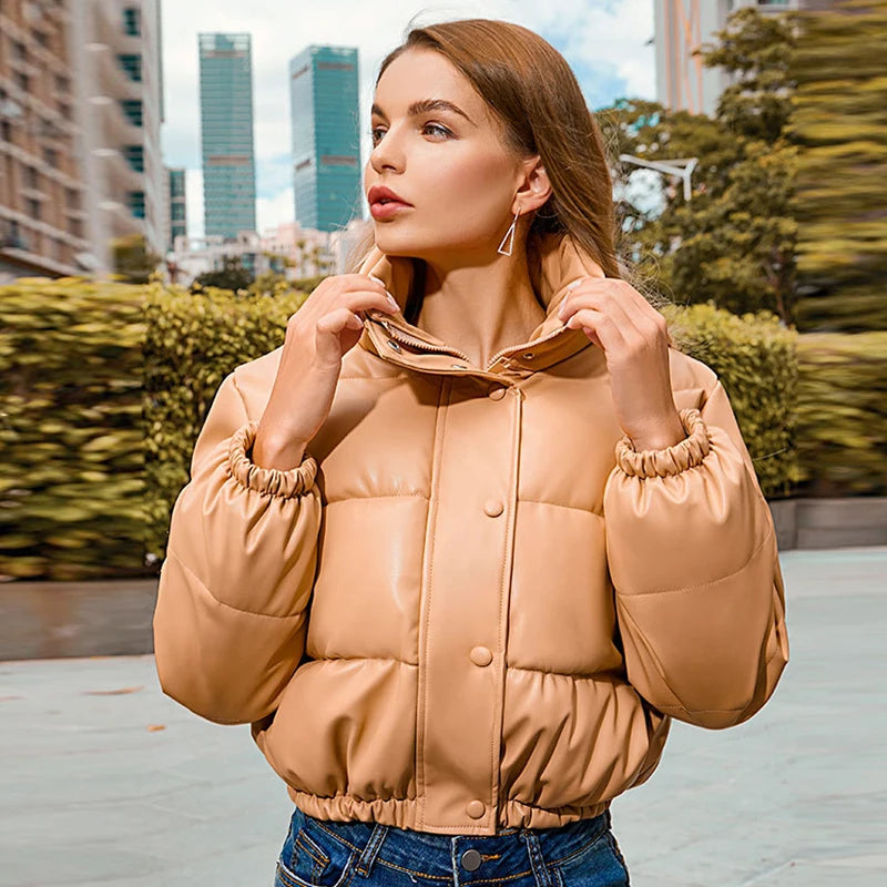 Winter Warm Leather Coats Women Short Parkas Fashion Black Cotton Padded Lady Down Jacket Elegant Zipper Clothes 2024