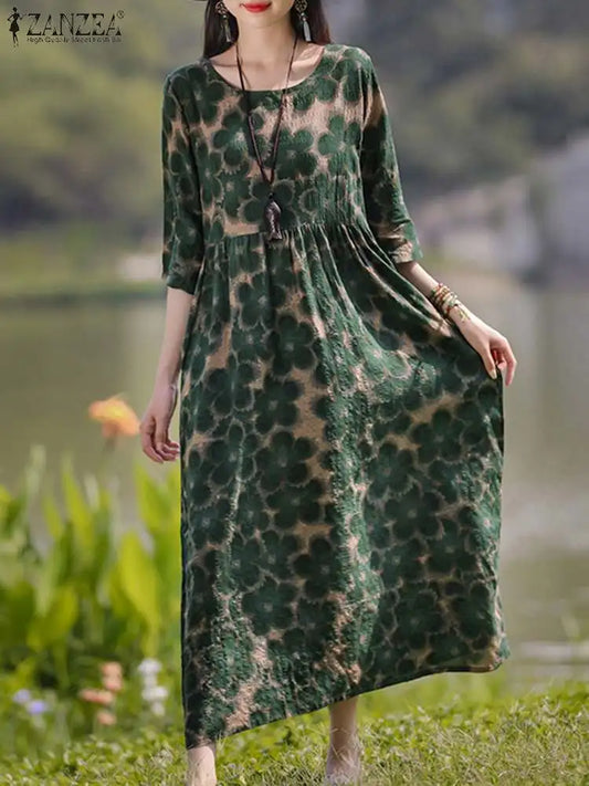 Floral Print Long Sleeve Maxi Sundress Stylish Holiday Robe Vestidos dress