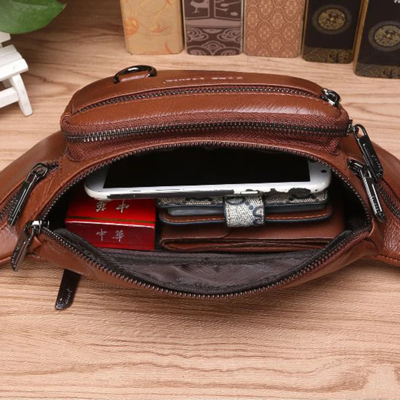 Genuine Leather Bag For Men Travel Retro Natural Skin Male Purse Cross Body Hip Bum Belt Bags