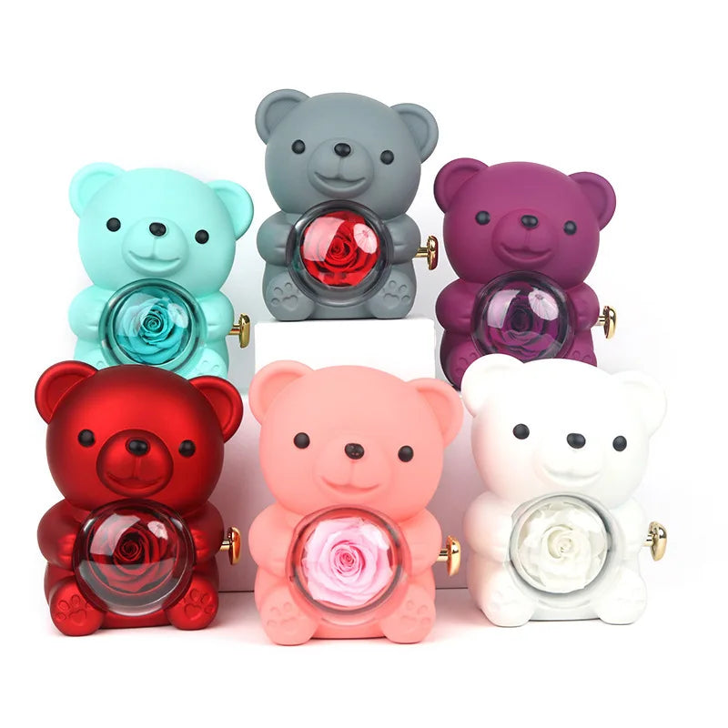 Eternal Rose Teddy Bear Gifts Box with Necklace Rotate Rose Jewelry Box