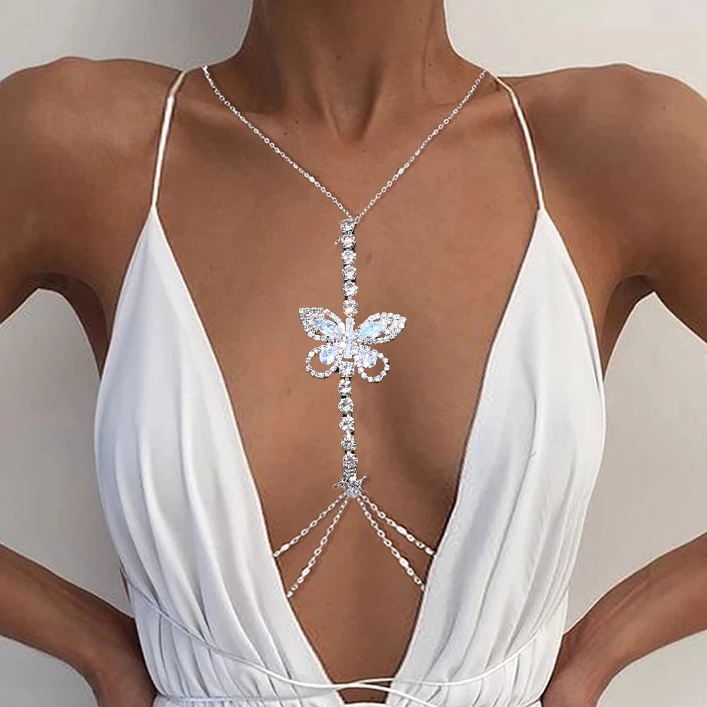 Butterfly Chest Chain Rave Jewellery Crystal Sexy Bra Chain Necklace Women jewelry