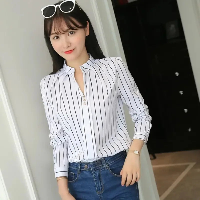 Women White Tops Blouses Fashion Stripe Print Casual Long Sleeve Office Lady OL Shirts Slim Blusas DF4970 - Hiron Store