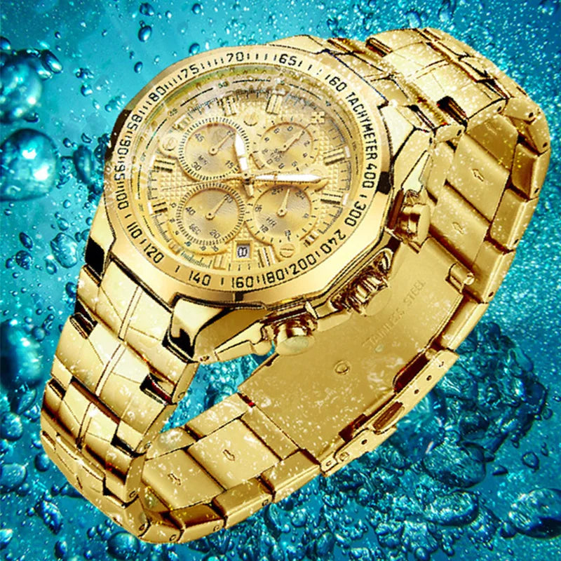 Luxury Wrist Watches For Men Gold Big Golden Male Chronograph Wristwatch