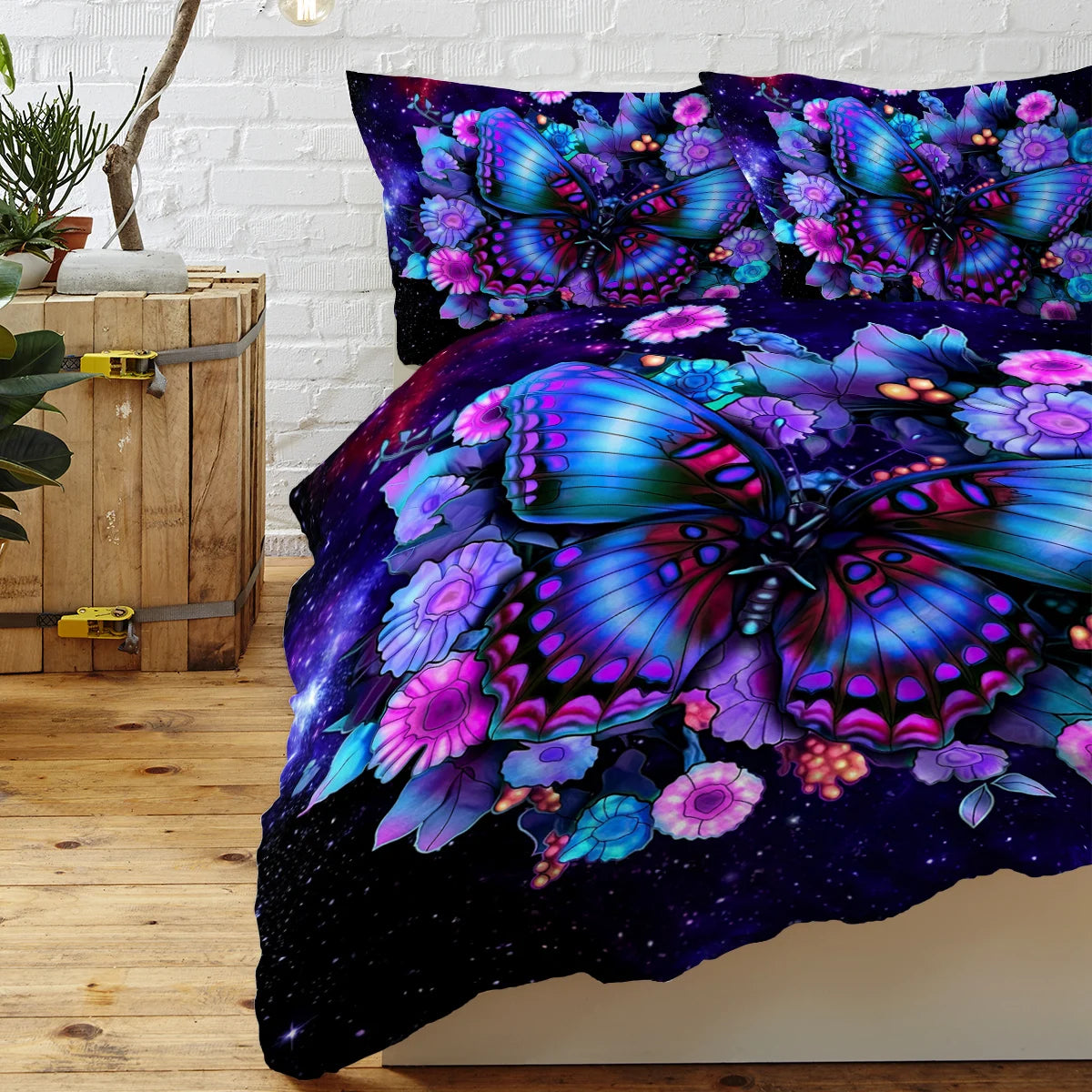 3pc Butterflies on Flowers Against Starry Background Duvet Cover Modern Bedding Set with Zipper Closure Ultra Soft Durable