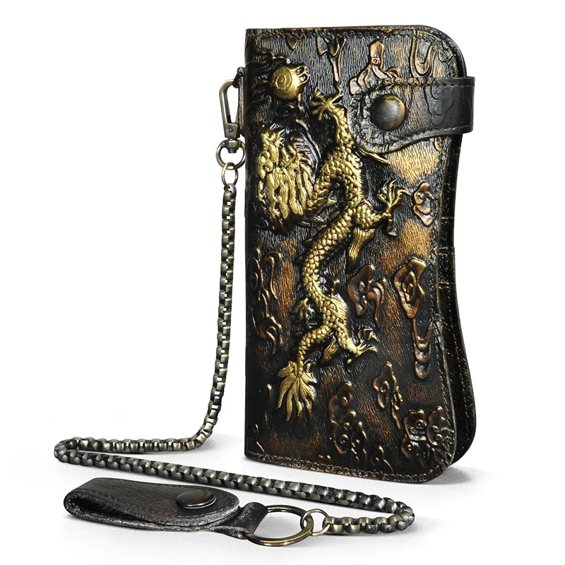 Luxury Male Cattle Real Leather Design Dragon Emboss Check book Iron Chain Organizer Wallet Purse