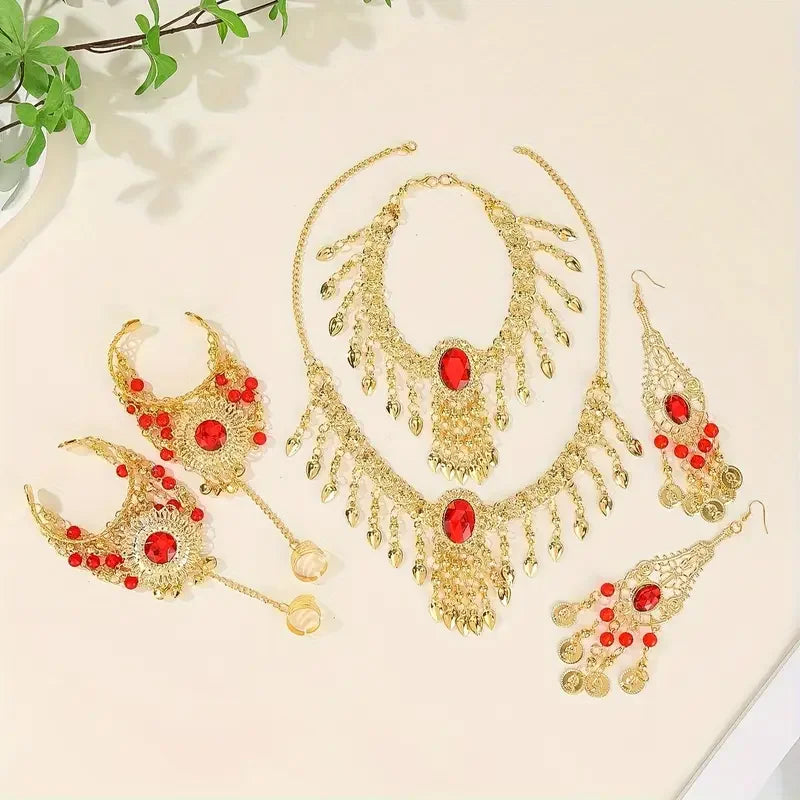 Bollywood Style Red Rhinestone Tassels Headwear+Earrings+Necklaces+Bracelet，Trendy Indian Style Jewelry Set For Women ﻿