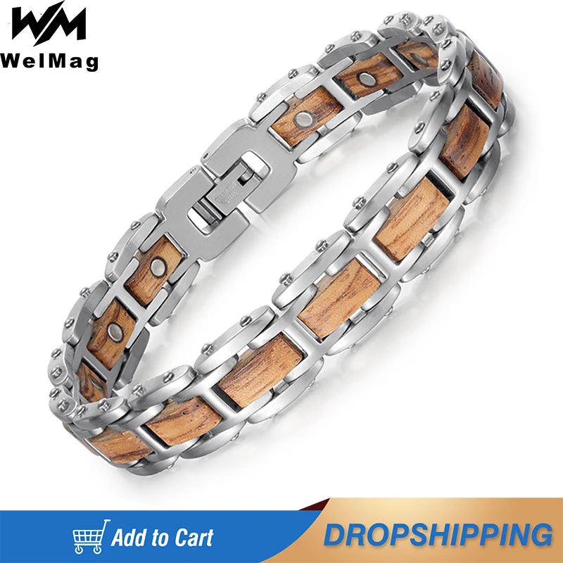 Men Women Wooden Stainless Steel Healthy Bio Energy Healing Magnetic Bracelet