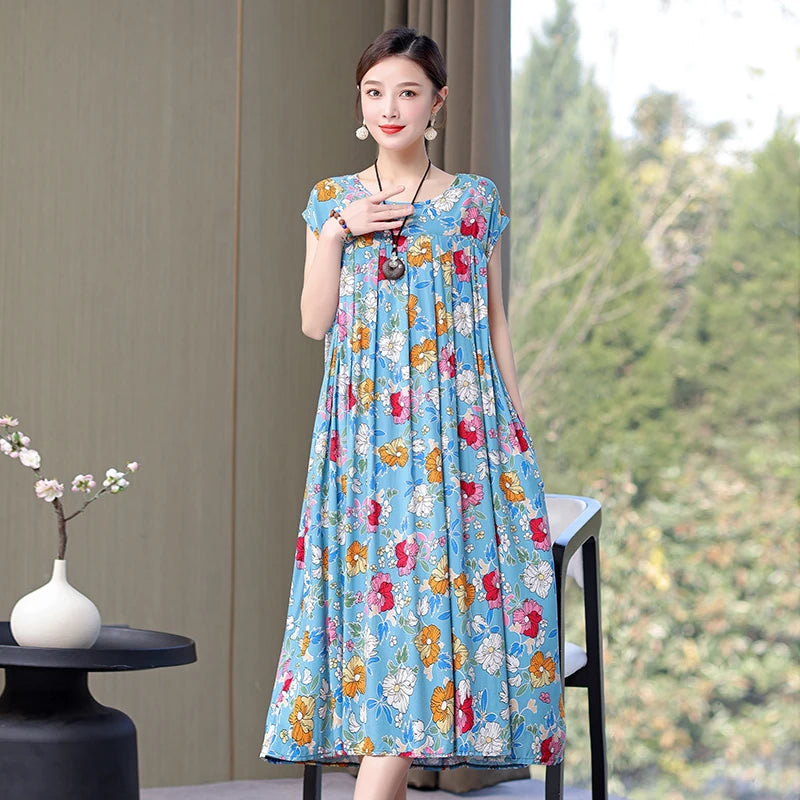 Summer Dress For Women Print Loose O-Neck Cotton Women's Clothing Dresses