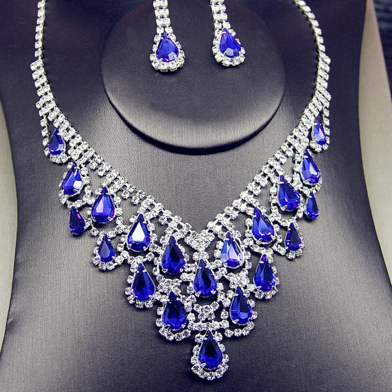 Crystal Blue Red Bridal Jewelry Sets Teardrop Shape Wedding Necklace Earrings Fashion Party Jewelry Sets Women Accessories - Hiron Store