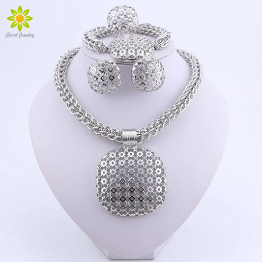 Dubai Silver Color Jewelry Sets Women Big Pendant Necklace Crystal Costume Bridal Jewelry Set