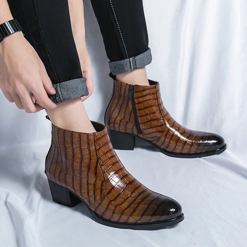 Luxury Leather High Heeled Boots Men Fashion Brown Chelsea  Shoes Business Casual Ankle Boot Men  High Heel Shoe