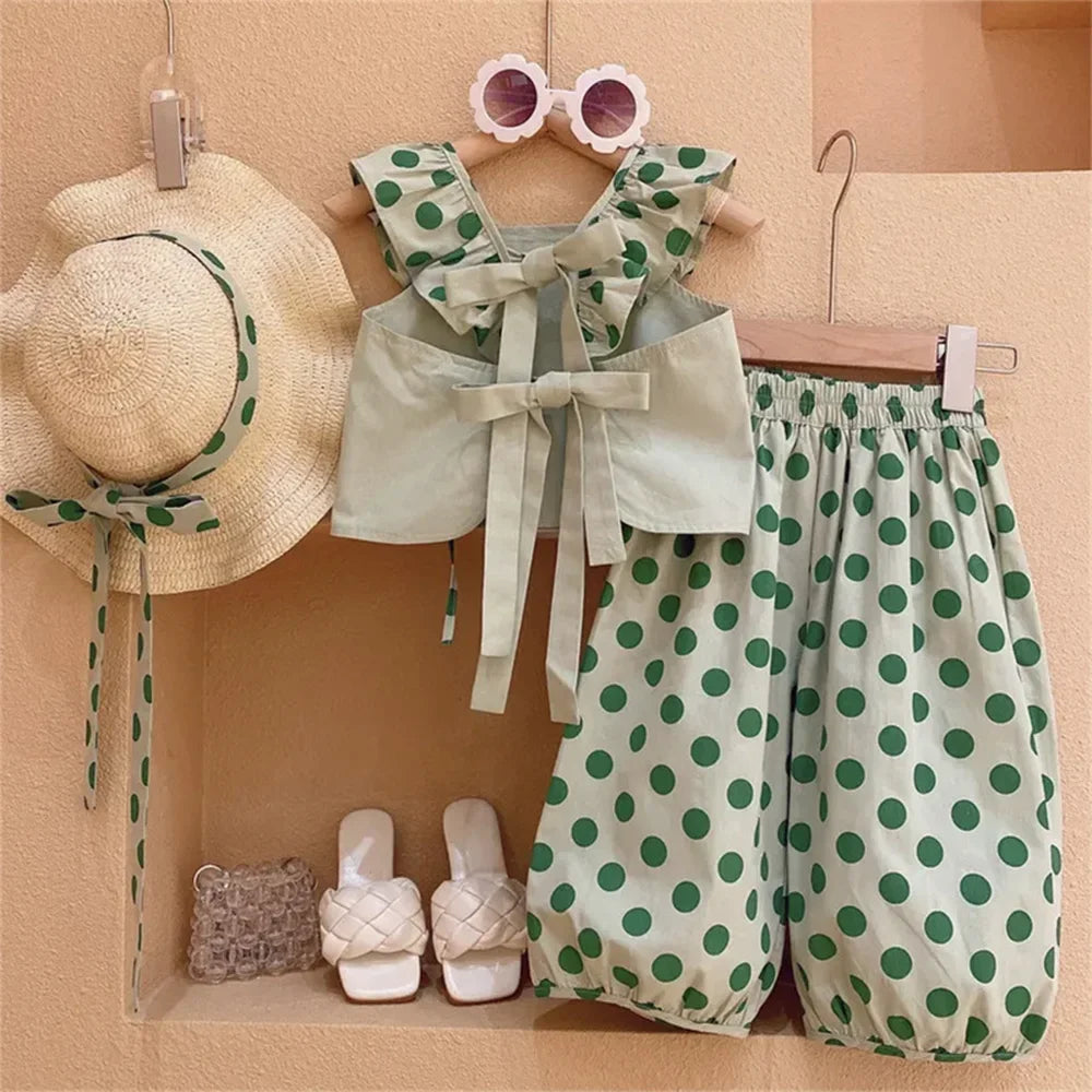 Summer Kids Clothes Floral Chiffon Halter+Embroidered Shorts Straw Children Clothing