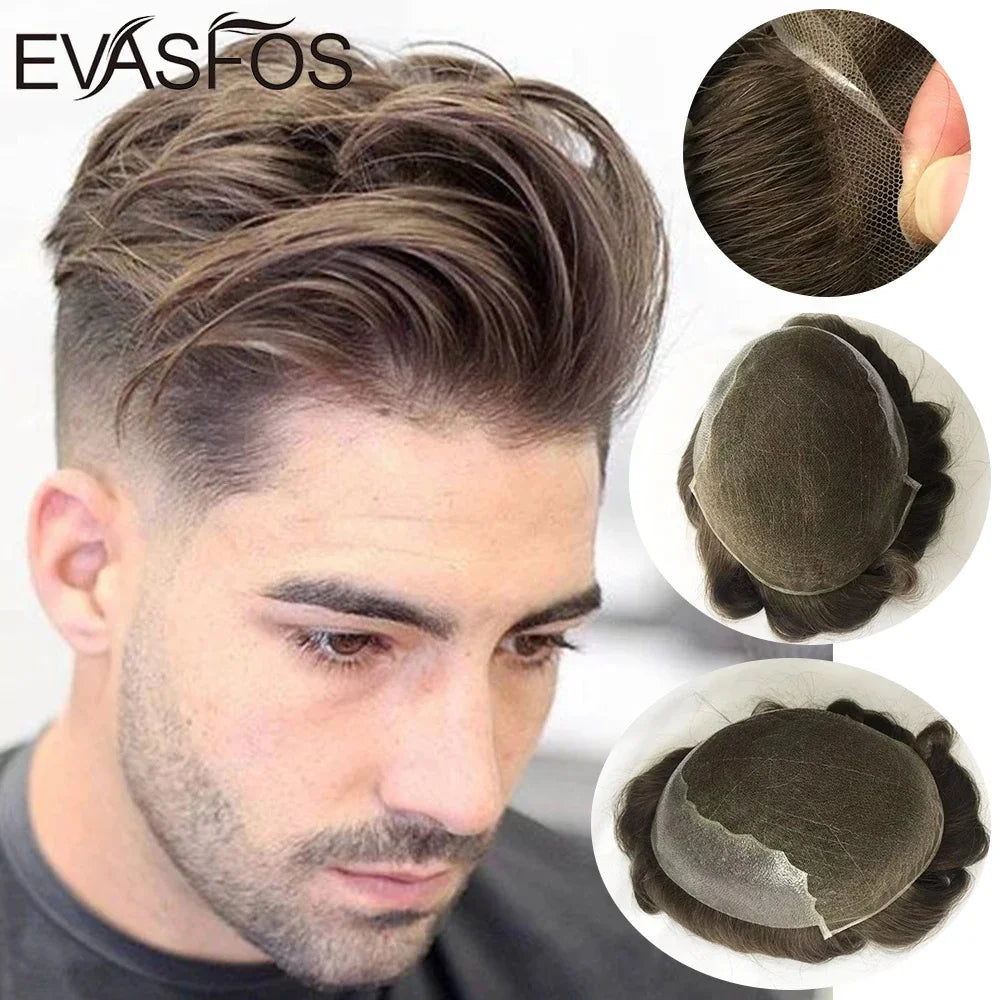 Natural Hairline Bleached Knots French Lace Front Men's Toupee, Poly Skin Hairpieces, Hair Replacement Systems, Various Color