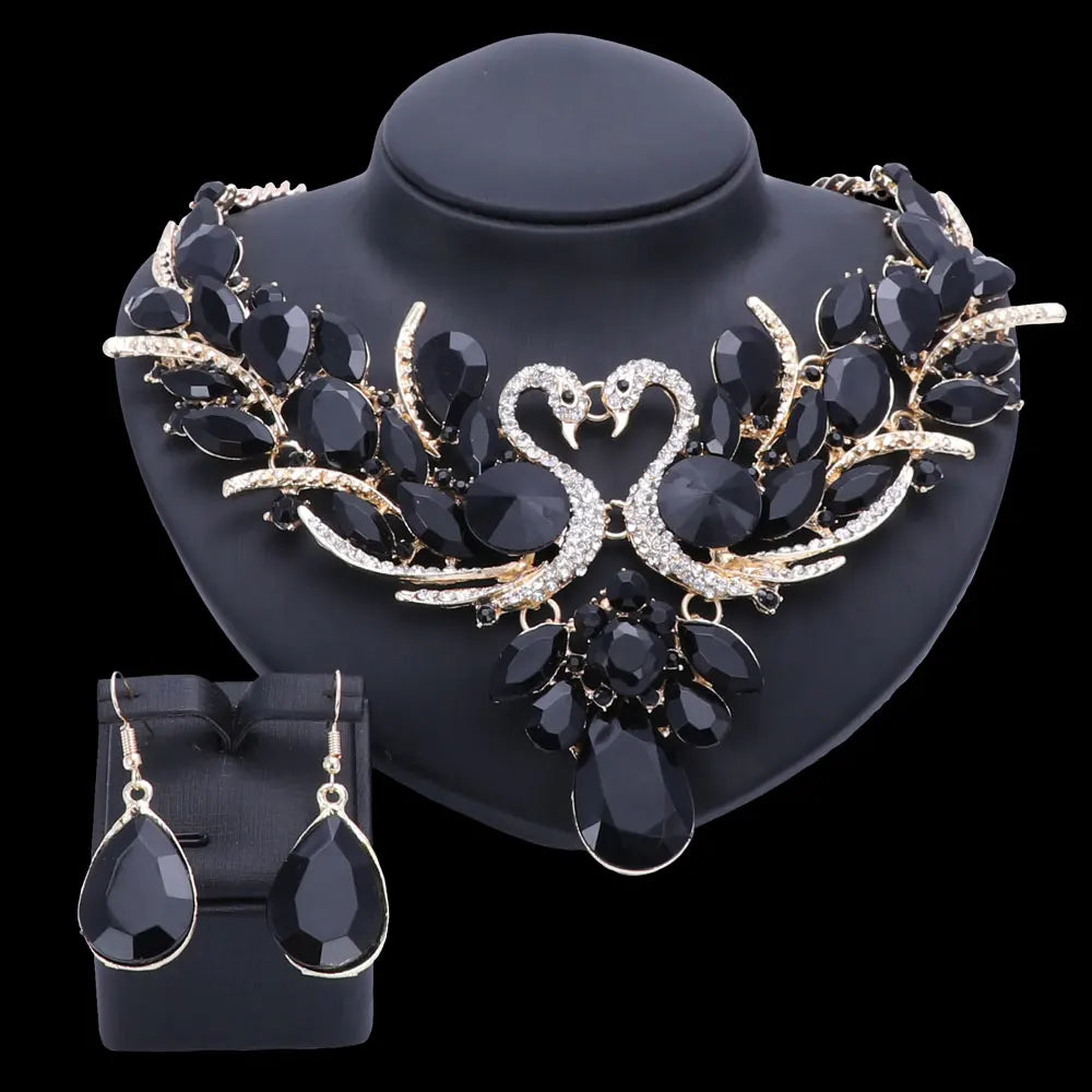 Black Crystal Bridal Jewelry Sets Gold Color Swan Pendant Necklace Earring set