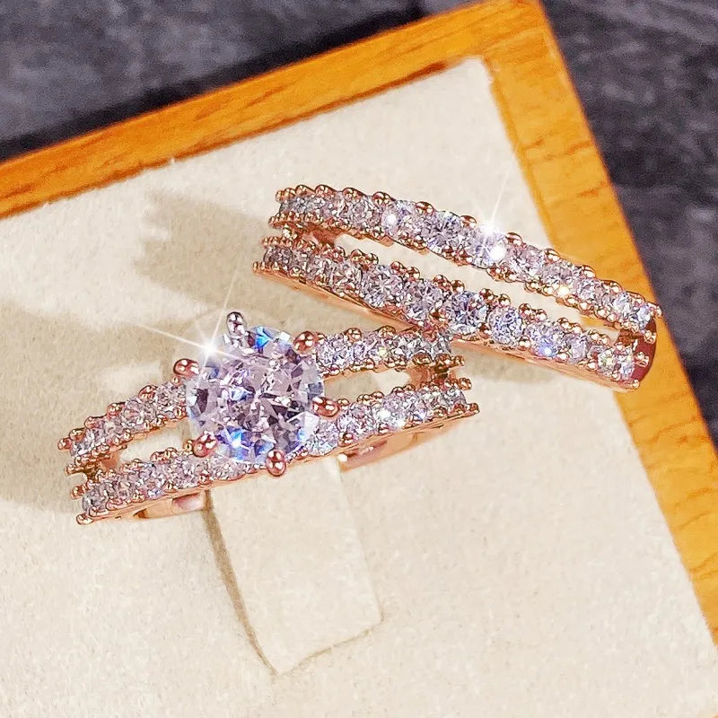 Huitan Sparkling 2Pcs Set Cubic Zirconia Rings for Women Fashion Jewelry Luxury Trendy Female Rings