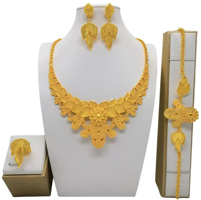 Fashion India Latest Design Jewelry Luxury African Jewelry Necklace Earrings Ring Bracelet Set Dubai Gold Color