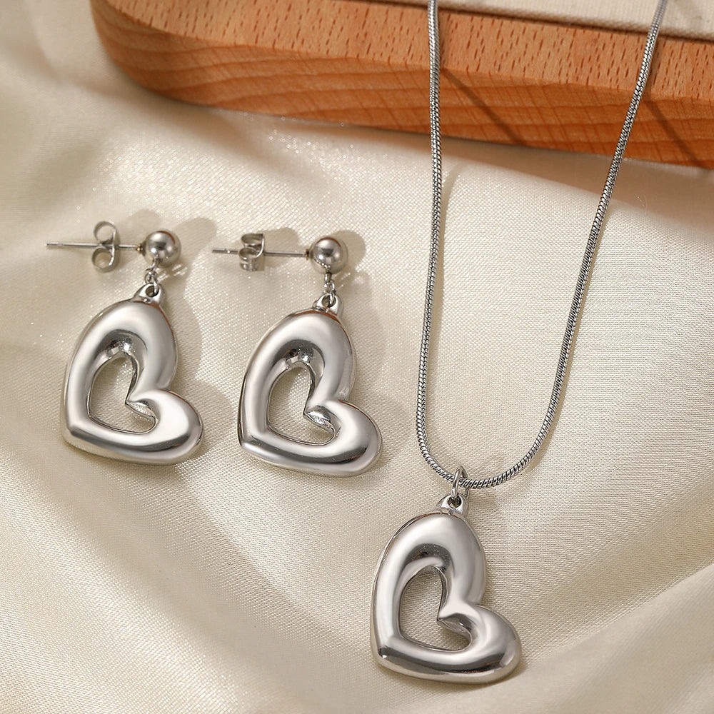 Stainless Steel Jewelry Set Heart Necklaces Earrings Trendy Fine Jewelry Set