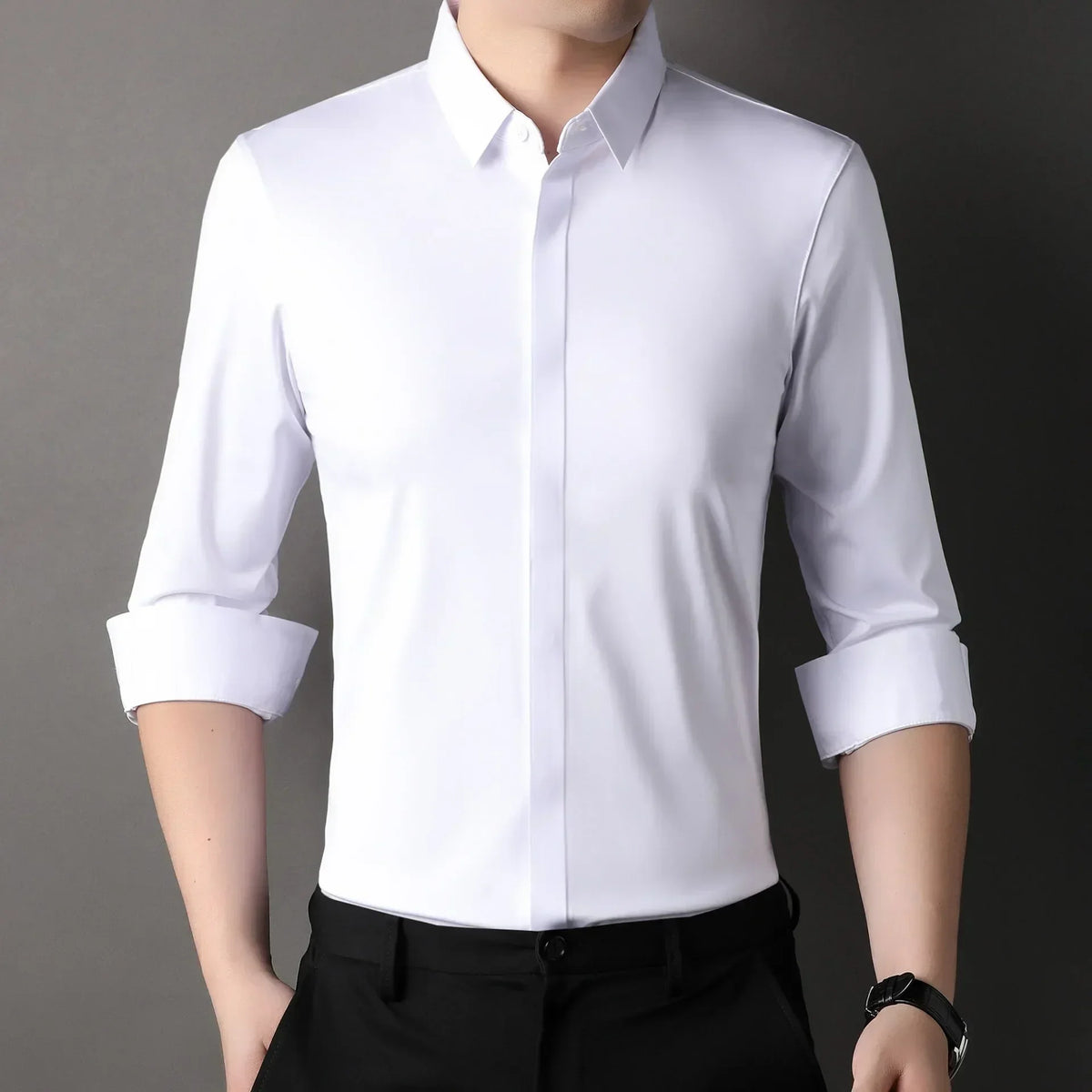 High end Mulberry Silk Dress Shirts, Business  Men Wrinkle Resistant, Button Invisible Elastic Tops, Luxurious Male  Clothing