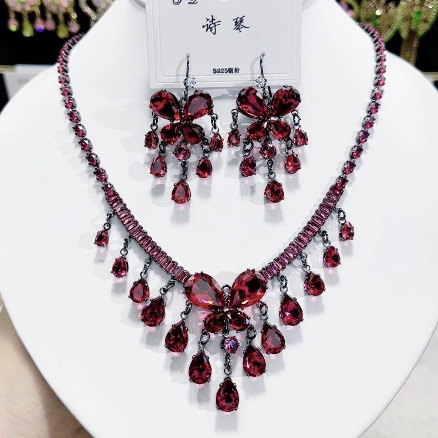 Women Colorful Fashion Zircon Necklace Earrings 2025