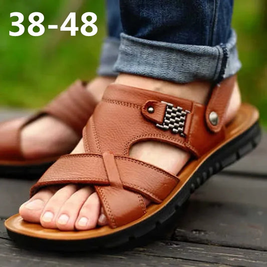 Men Leather Sandals Summer Shoes Slippers Soft Sandals Outdoor Walking Footwear - Hiron Store