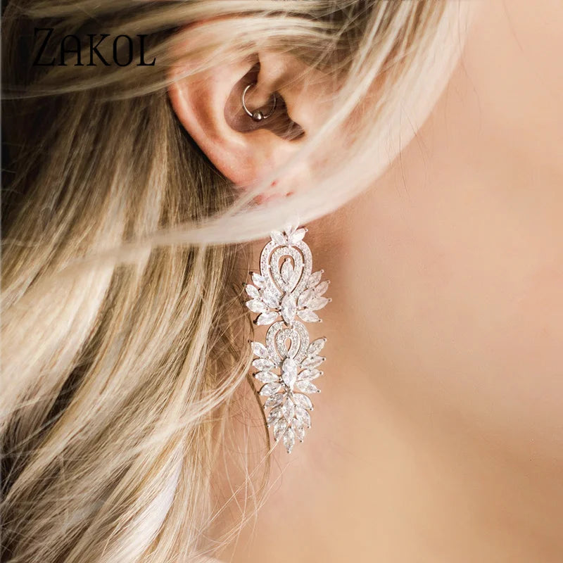 Leaf Marquise Zircon Long Drop Dangle Earrings