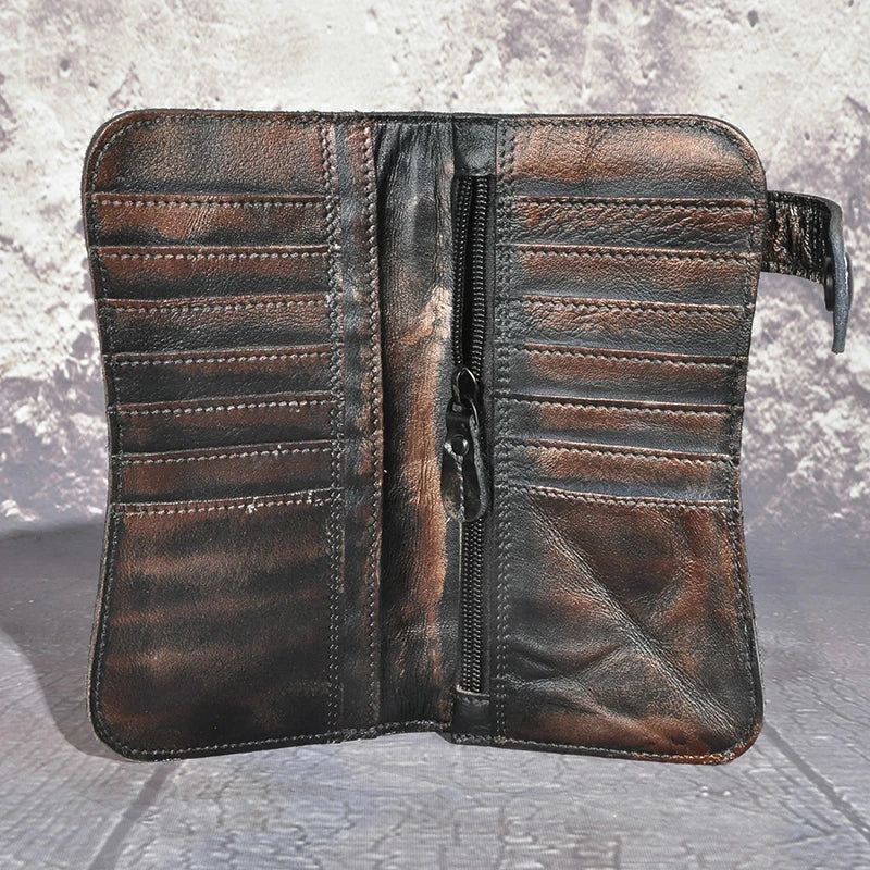 Luxury Male Cattle Real Leather Design Dragon Emboss Check book Iron Chain Organizer Wallet Purse