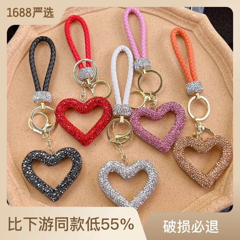 Ceramic Clay Full Diamond Love Key Chain Leather Rope Sticking Water Diamond Car Key Pendant