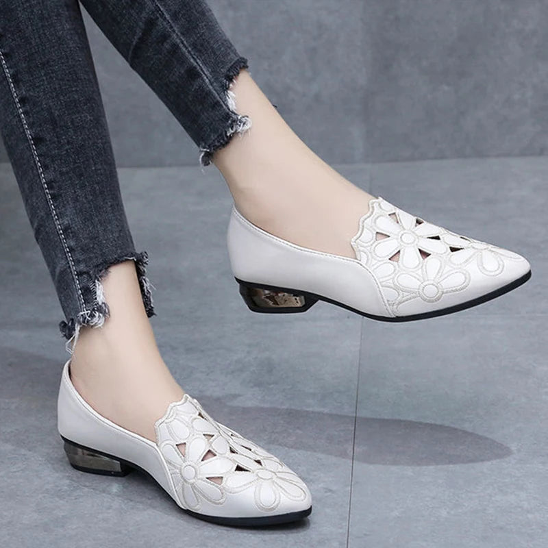 Shoes for Women Embroidery Breathable Square Heel Loafers Slip On Pointed Toe Leather Single Shoes