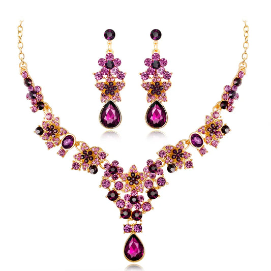 Luxury Purple Crystal Star Rhinestone Bridal Jewelry Sets for Women Bride Necklace Earrings Wedding Jewelry Set Fashion - Hiron Store