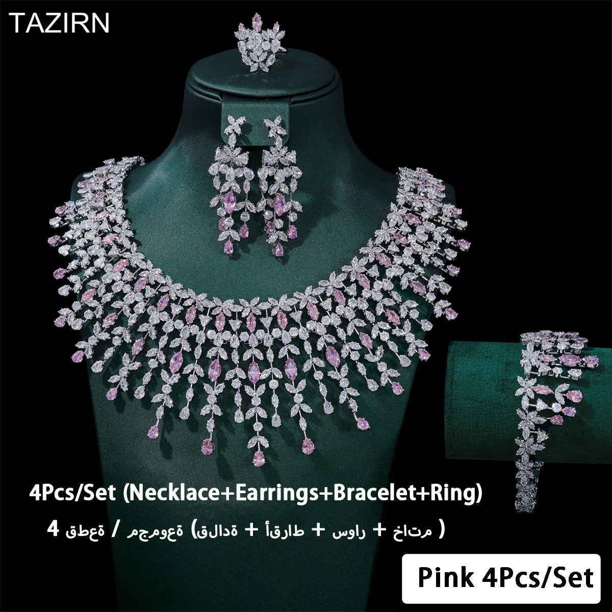 TAZIRN Luxury 5A Cubic Zirconia Arabic Dubai Wedding Jewelry Set for Women Party Prom Anniversary 2/4PCS CZ Bridal Accessories - Hiron Store